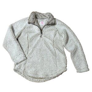 Cozy Sherpa Pullover Jacket 1/4 Zip Faux Fur Gray White Fuzzy Coat Collar Medium
